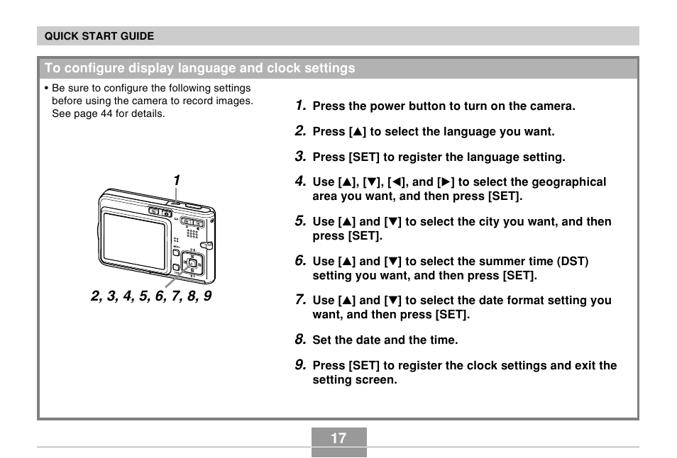 To configure display language and clock settings | Casio EX-S100 User Manual | Page 17 / 207