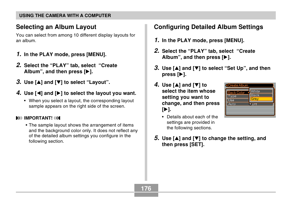 Selecting an album layout, Configuring detailed album settings, 176 selecting an album layout | Configuring detailed album settings 1 | Casio EX-S100 User Manual | Page 176 / 207