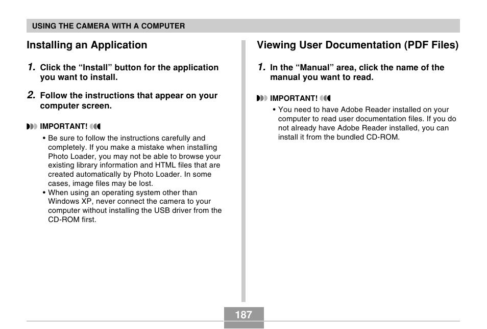 Installing an application, Viewing user documentation (pdf files), 187 installing an application 1 | Viewing user documentation (pdf files) 1 | Casio EX-S100 User Manual | Page 187 / 207