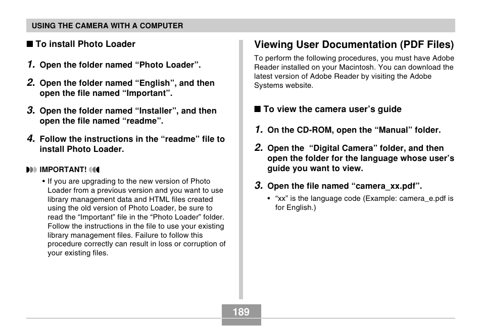 Viewing user documentation (pdf files) | Casio EX-S100 User Manual | Page 189 / 207