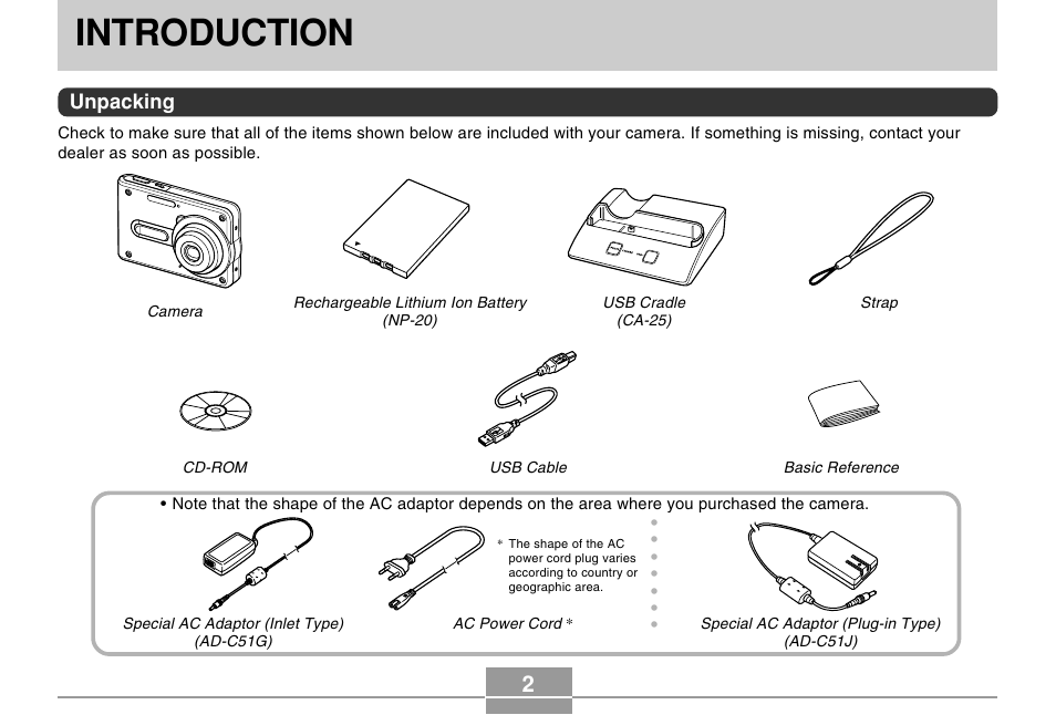 Introduction, Unpacking | Casio EX-S100 User Manual | Page 2 / 207