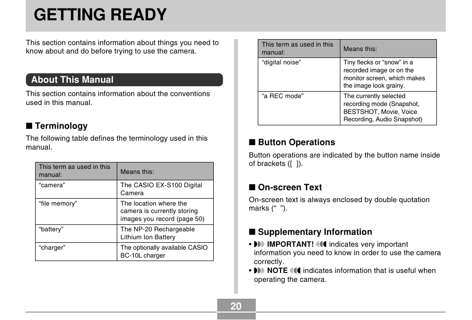 Getting ready, About this manual | Casio EX-S100 User Manual | Page 20 / 207