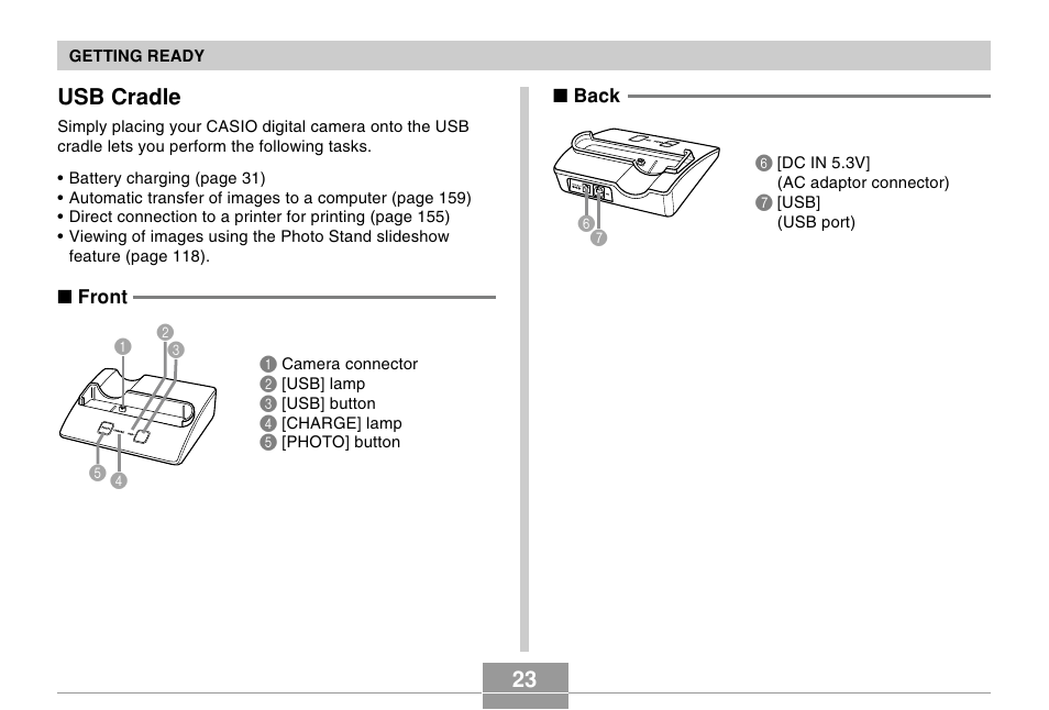 Usb cradle, 23 usb cradle | Casio EX-S100 User Manual | Page 23 / 207