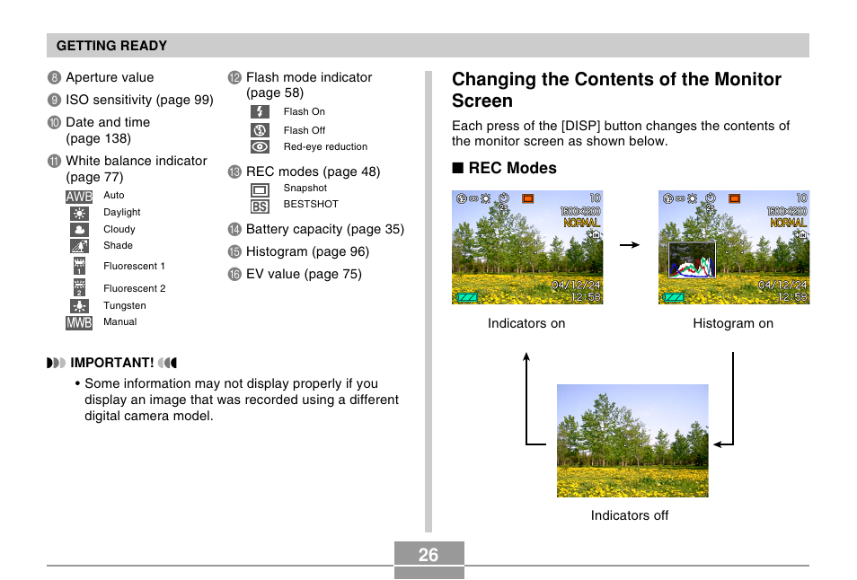 Changing the contents of the monitor screen | Casio EX-S100 User Manual | Page 26 / 207