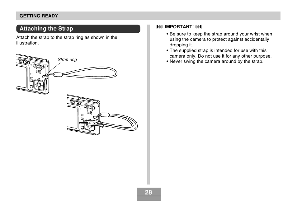 Attaching the strap | Casio EX-S100 User Manual | Page 28 / 207