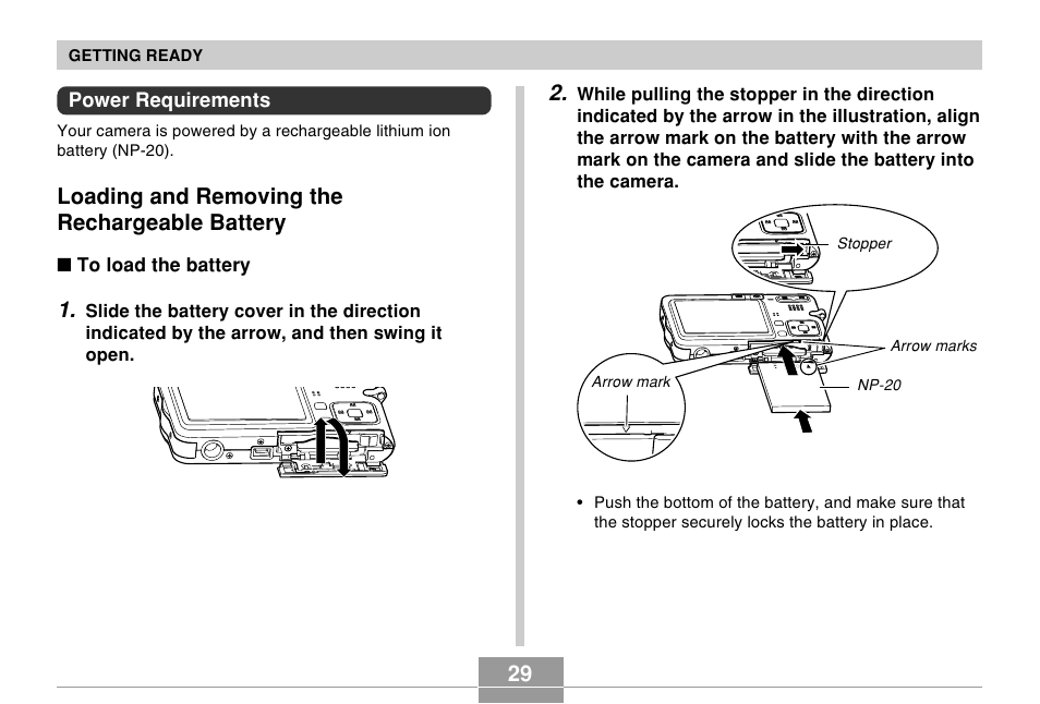 Power requirements, Loading and removing the rechargeable battery | Casio EX-S100 User Manual | Page 29 / 207