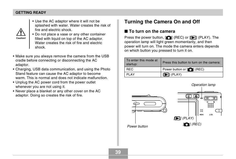 Turning the camera on and off | Casio EX-S100 User Manual | Page 39 / 207