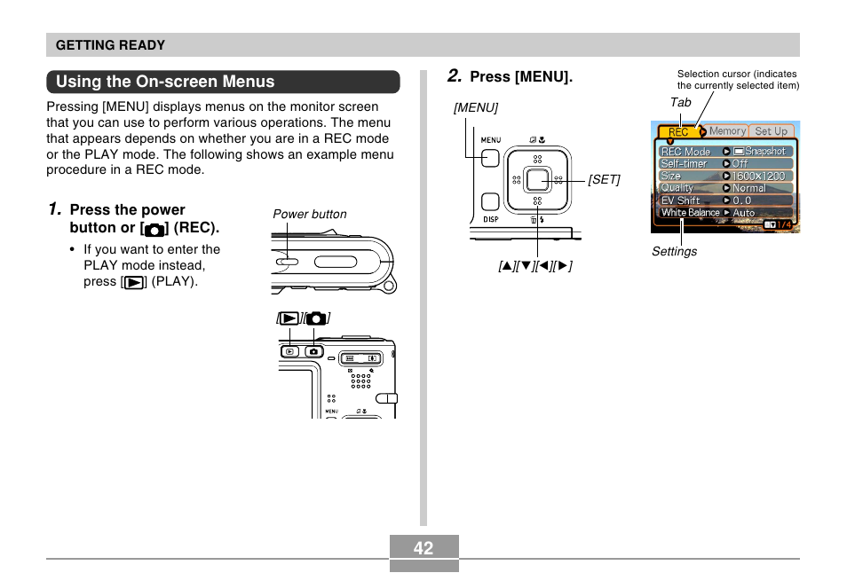 Using the on-screen menus | Casio EX-S100 User Manual | Page 42 / 207