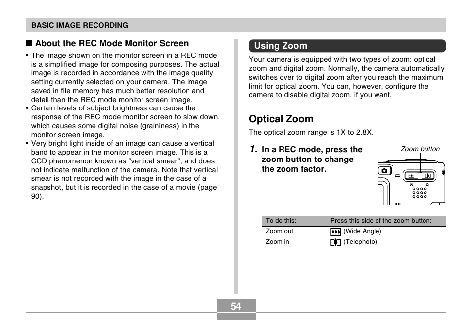Using zoom, Optical zoom | Casio EX-S100 User Manual | Page 54 / 207