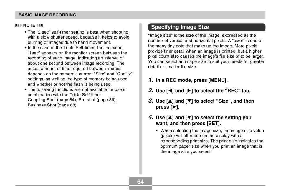 Specifying image size | Casio EX-S100 User Manual | Page 64 / 207