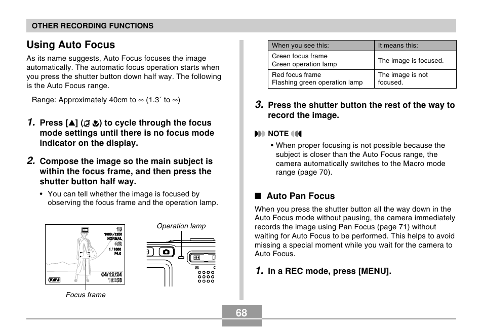 Using auto focus, Auto pan focus | Casio EX-S100 User Manual | Page 68 / 207