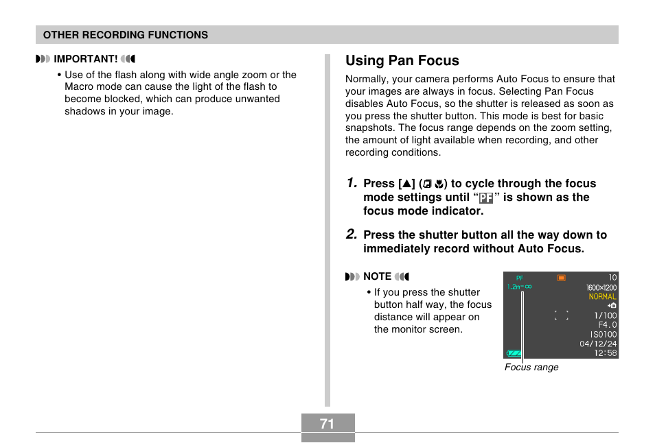 Using pan focus | Casio EX-S100 User Manual | Page 71 / 207