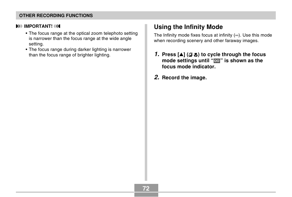 Using the infinity mode | Casio EX-S100 User Manual | Page 72 / 207