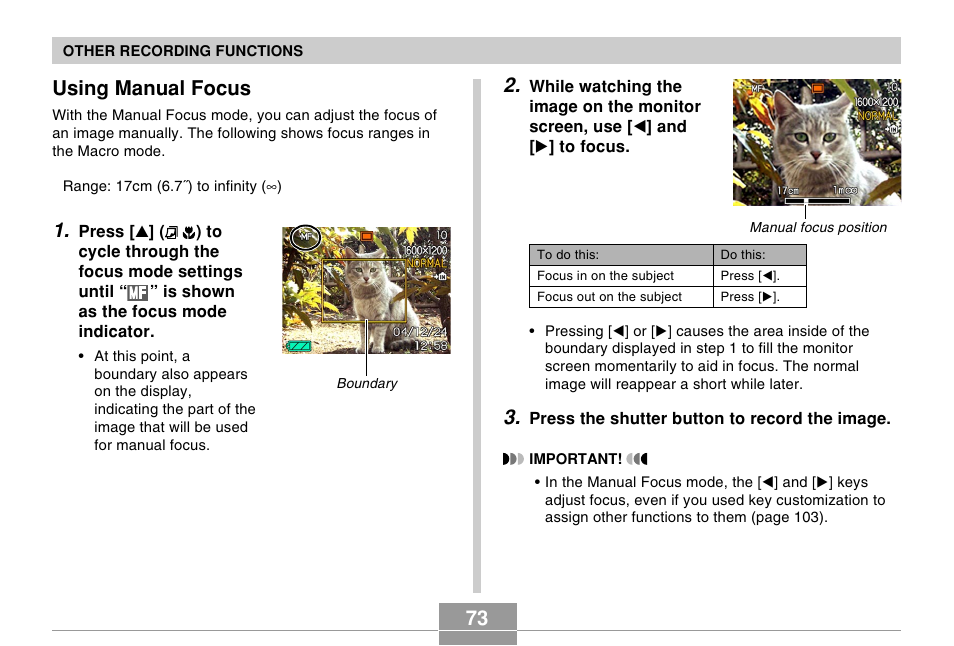 Using manual focus | Casio EX-S100 User Manual | Page 73 / 207