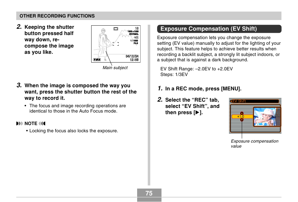 Exposure compensation (ev shift) | Casio EX-S100 User Manual | Page 75 / 207