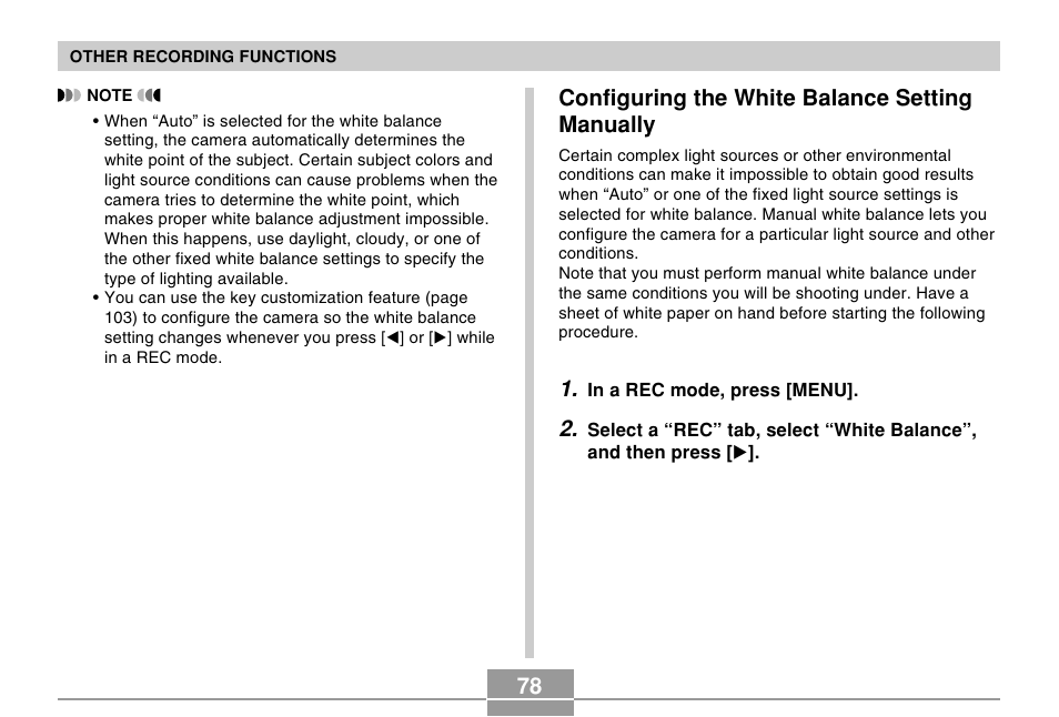 Configuring the white balance setting manually | Casio EX-S100 User Manual | Page 78 / 207