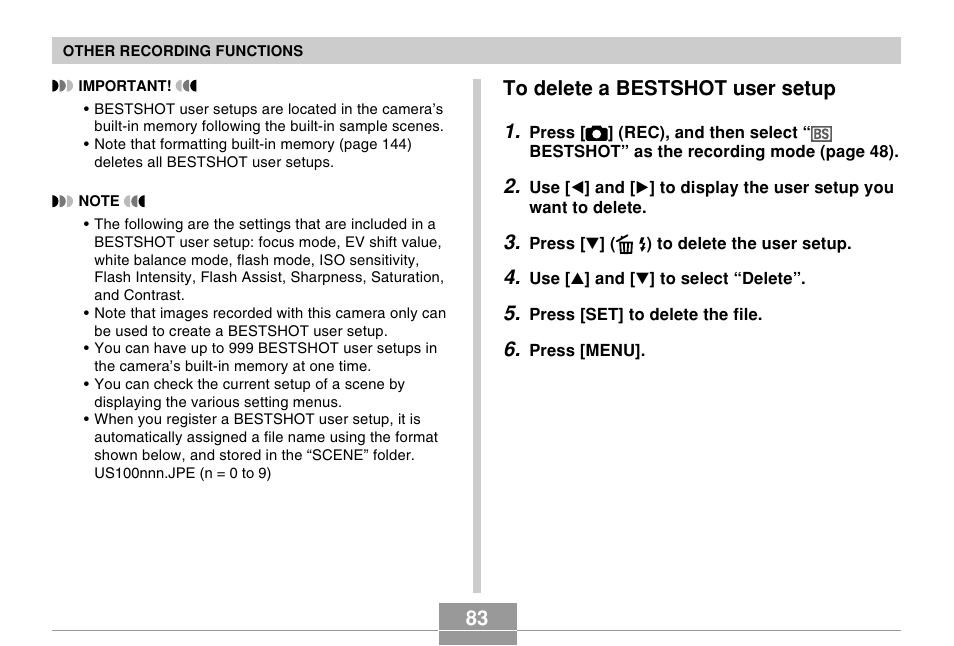 To delete a bestshot user setup | Casio EX-S100 User Manual | Page 83 / 207