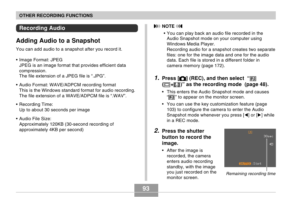 Recording audio, Adding audio to a snapshot | Casio EX-S100 User Manual | Page 93 / 207
