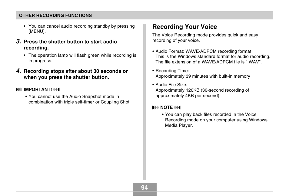 Recording your voice | Casio EX-S100 User Manual | Page 94 / 207