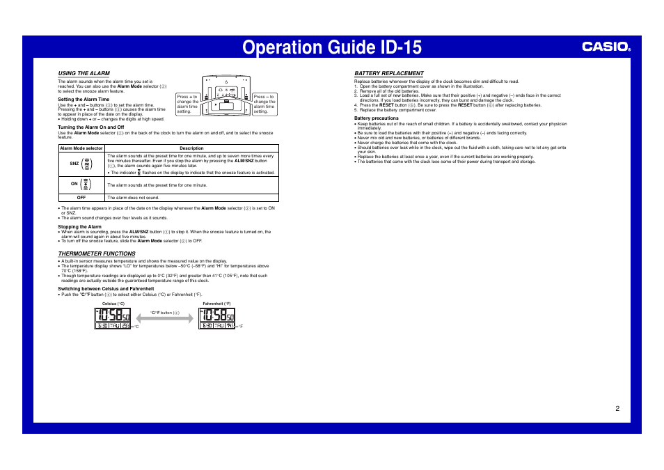 Using the alarm, Thermometer functions, Battery replacement | Operation guide id-15, Alm/snz invalid invalid on off reset set °c/°f snz | Casio ID-15 User Manual | Page 2 / 2