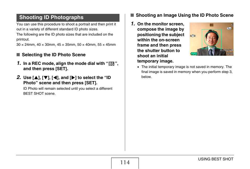 Shooting id photographs | Casio EX-V8 User Manual | Page 114 / 289