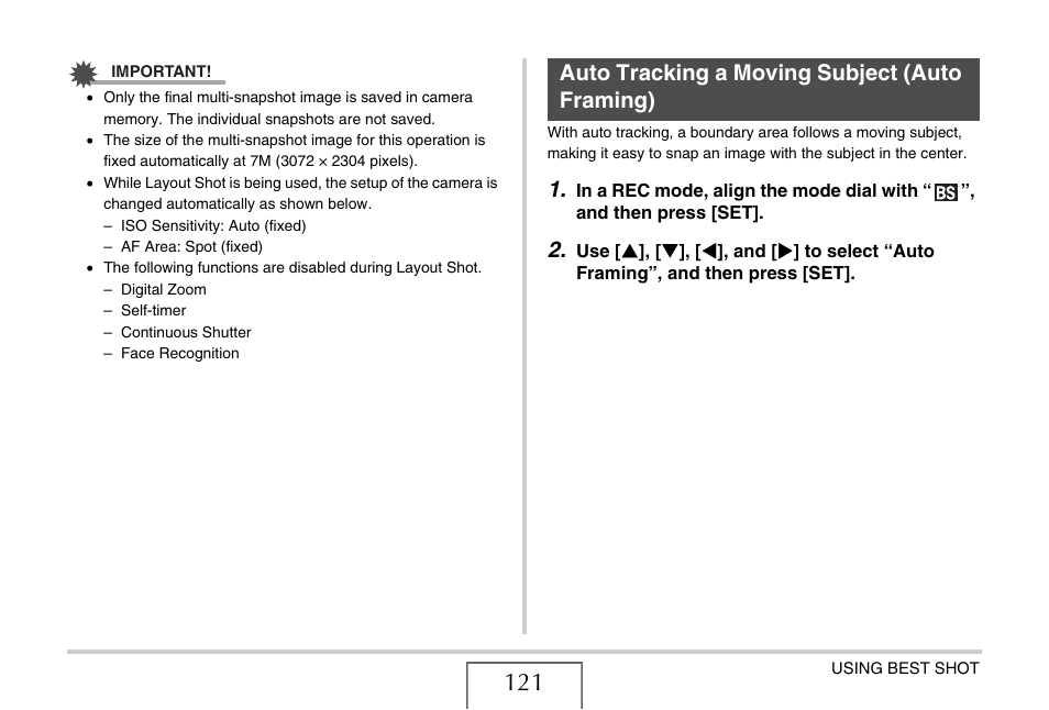 Auto tracking a moving subject (auto framing) | Casio EX-V8 User Manual | Page 121 / 289