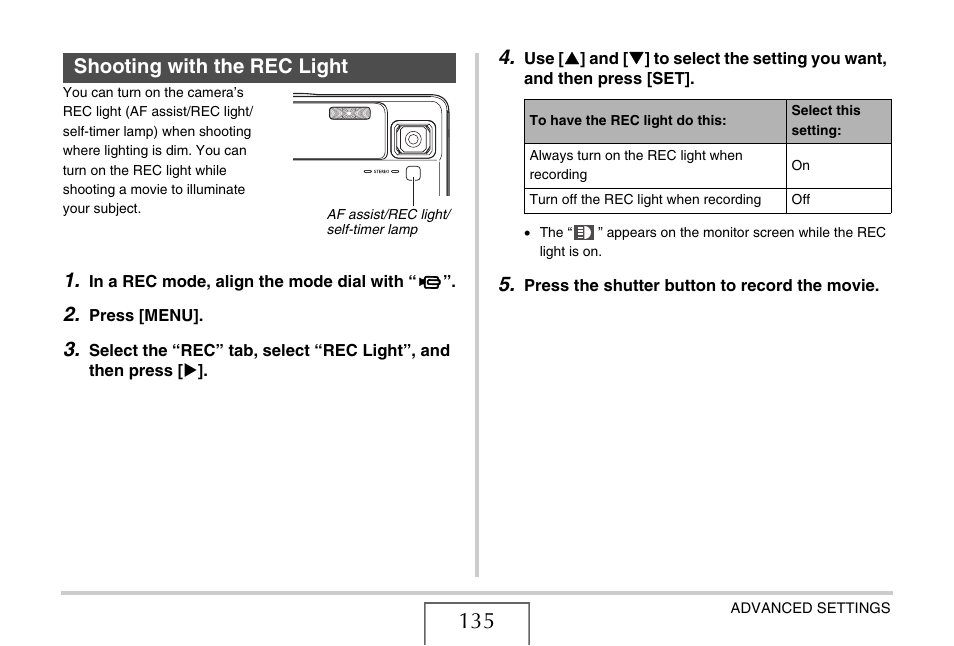 Shooting with the rec light | Casio EX-V8 User Manual | Page 135 / 289