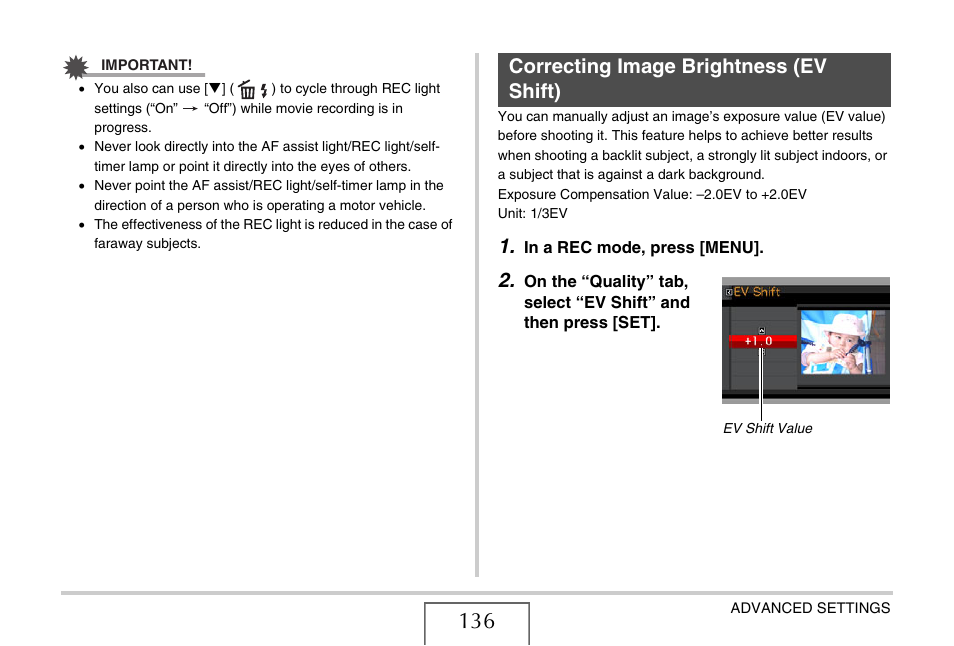 Correcting image brightness (ev shift), E 136) | Casio EX-V8 User Manual | Page 136 / 289
