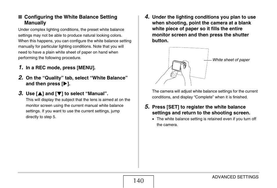 Configuring the white, Balance setting manually, E 140) | Casio EX-V8 User Manual | Page 140 / 289