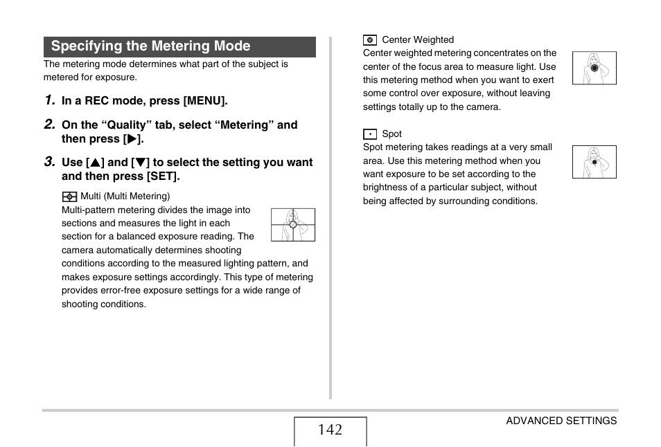Specifying the metering mode | Casio EX-V8 User Manual | Page 142 / 289