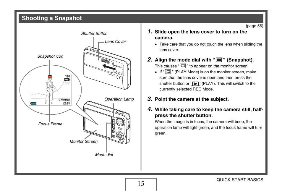 Shooting a snapshot, Shooting a, Snapshot” on | E 15 | Casio EX-V8 User Manual | Page 15 / 289