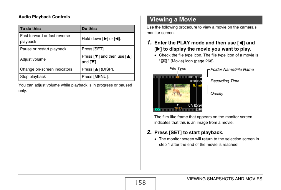 Viewing a movie, E 158) | Casio EX-V8 User Manual | Page 158 / 289