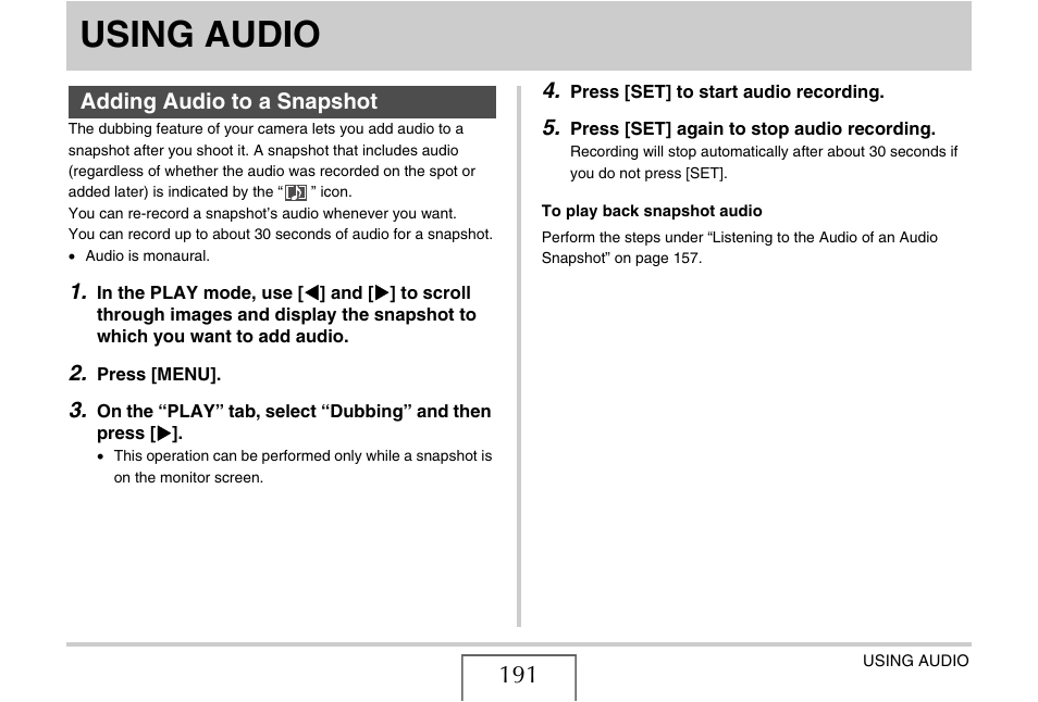 Using audio, Adding audio to a snapshot | Casio EX-V8 User Manual | Page 191 / 289