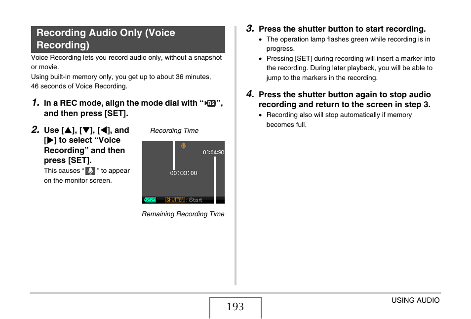 Recording audio only (voice recording) | Casio EX-V8 User Manual | Page 193 / 289