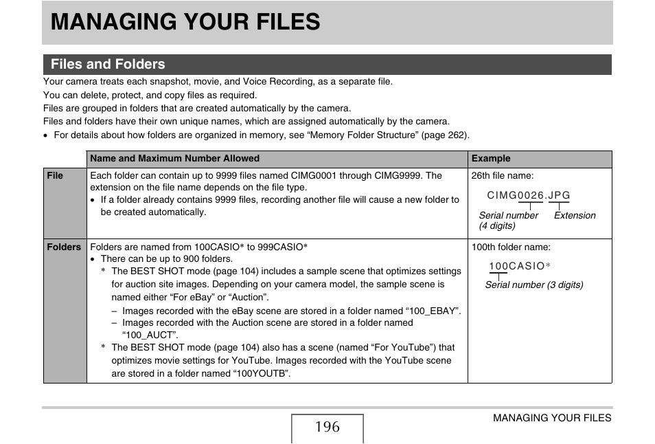 Managing your files, Files and folders | Casio EX-V8 User Manual | Page 196 / 289