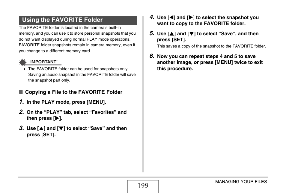 Using the favorite folder | Casio EX-V8 User Manual | Page 199 / 289