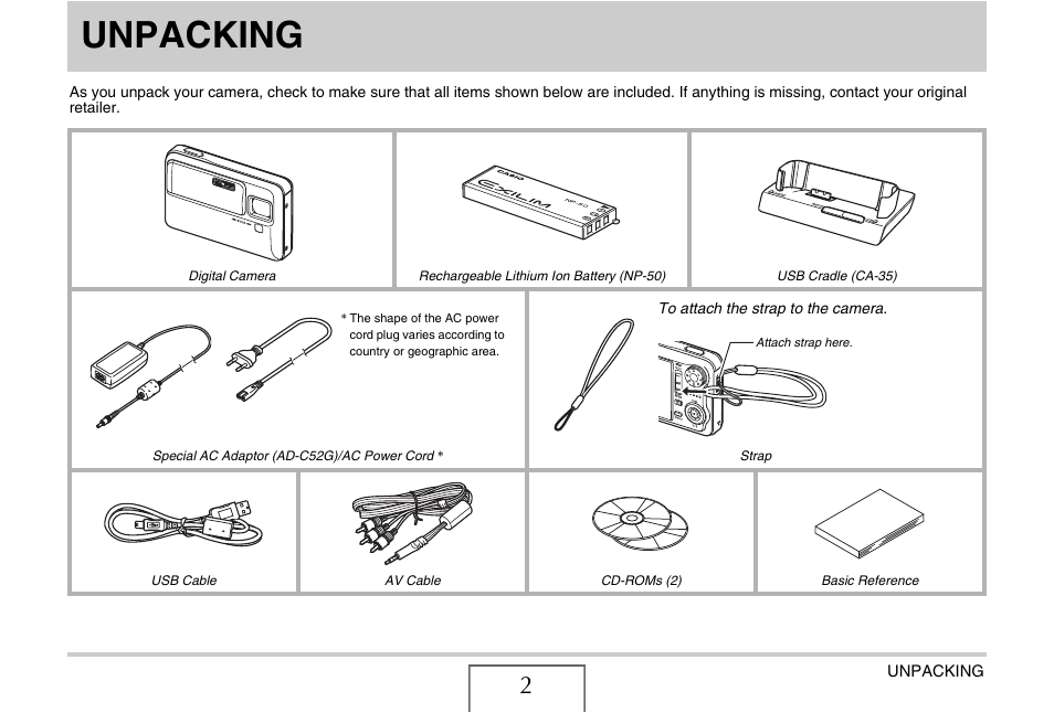 Unpacking | Casio EX-V8 User Manual | Page 2 / 289