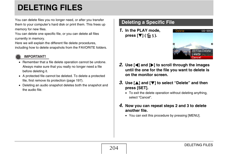 Deleting files, Deleting a specific file, R “deleting a specific file” (pa | E 204) and “d | Casio EX-V8 User Manual | Page 204 / 289