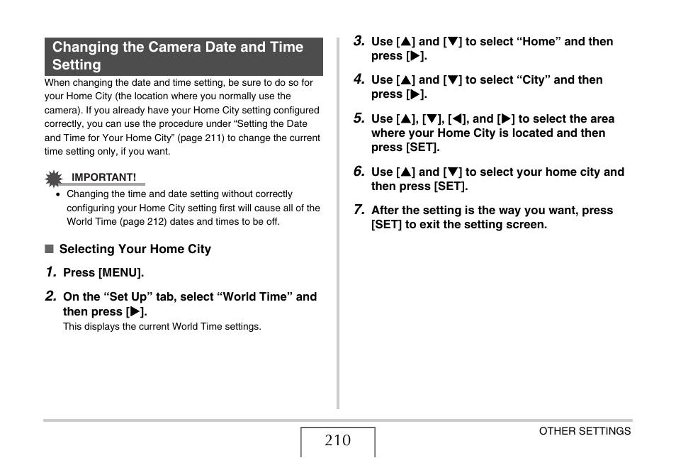 Changing the camera date and time setting, S 210 | Casio EX-V8 User Manual | Page 210 / 289