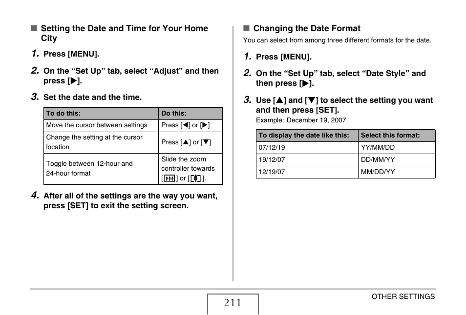 Setting the date, And time for your home city | Casio EX-V8 User Manual | Page 211 / 289
