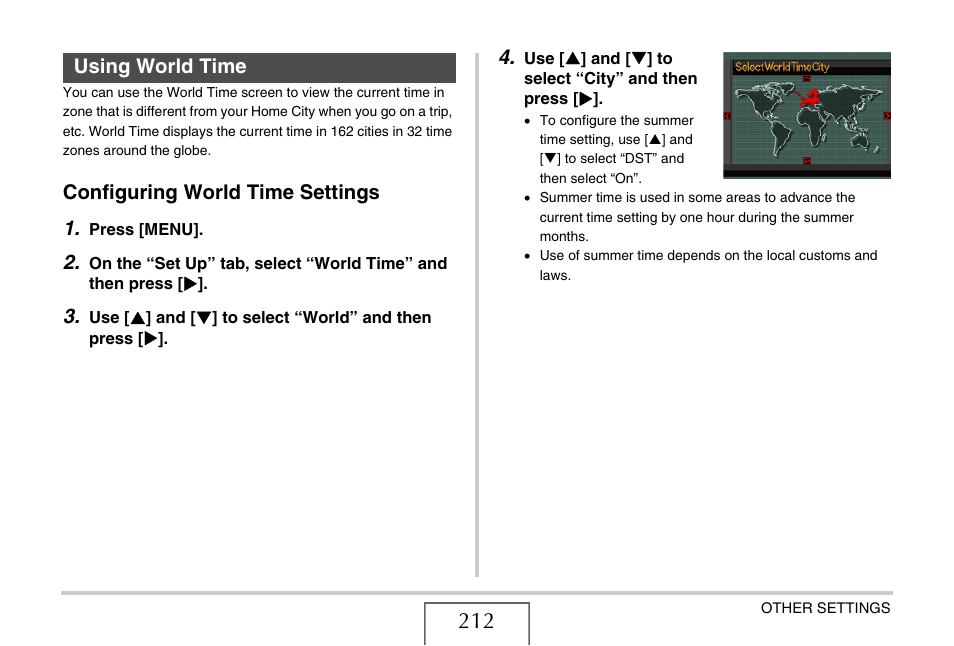 Using world time, Configuring world time settings, Ge 212) | Configuring world time settings 1 | Casio EX-V8 User Manual | Page 212 / 289