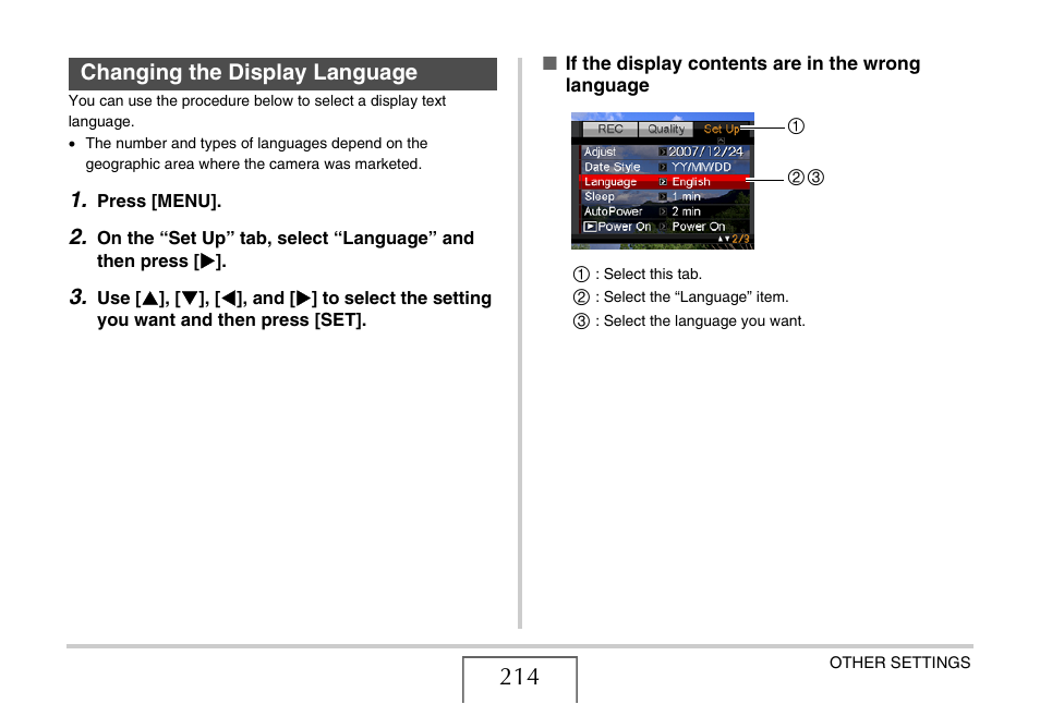 Changing the display language | Casio EX-V8 User Manual | Page 214 / 289