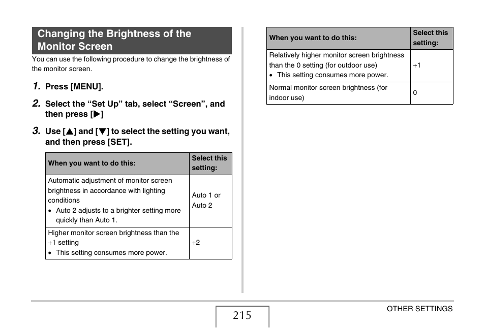 Changing the brightness of the monitor screen | Casio EX-V8 User Manual | Page 215 / 289