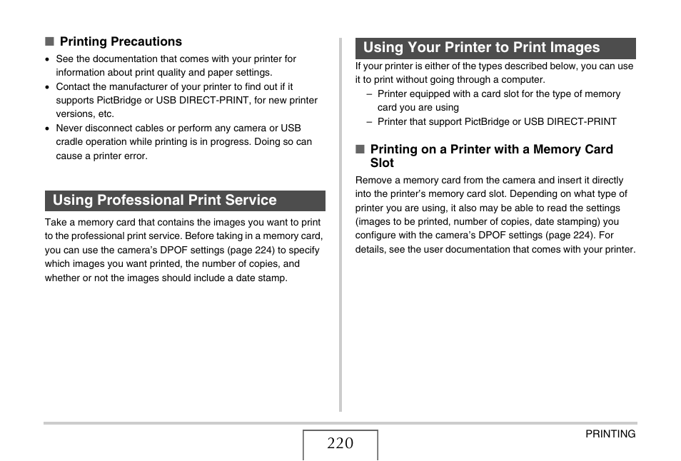 Using professional print service, Using your printer to print images, E 220) | Casio EX-V8 User Manual | Page 220 / 289