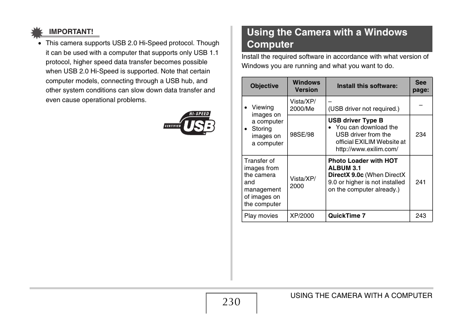 Using the camera with a windows computer, Using the camera with a, Windows computer | Casio EX-V8 User Manual | Page 230 / 289