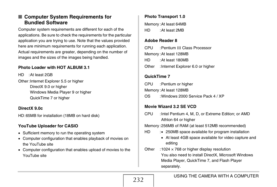 Computer system requirements for bundled software | Casio EX-V8 User Manual | Page 232 / 289