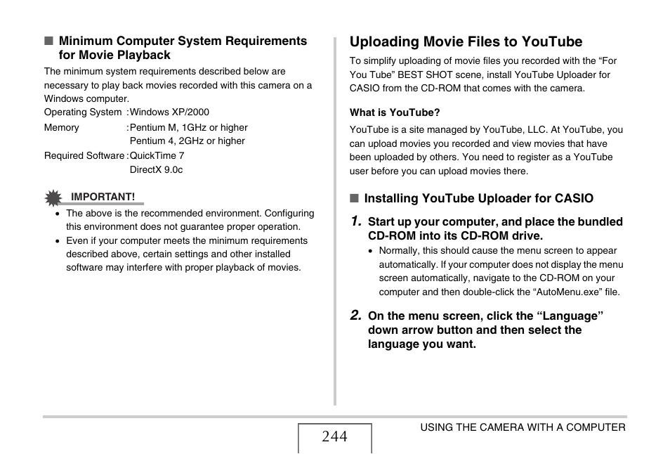 Uploading movie files to youtube | Casio EX-V8 User Manual | Page 244 / 289