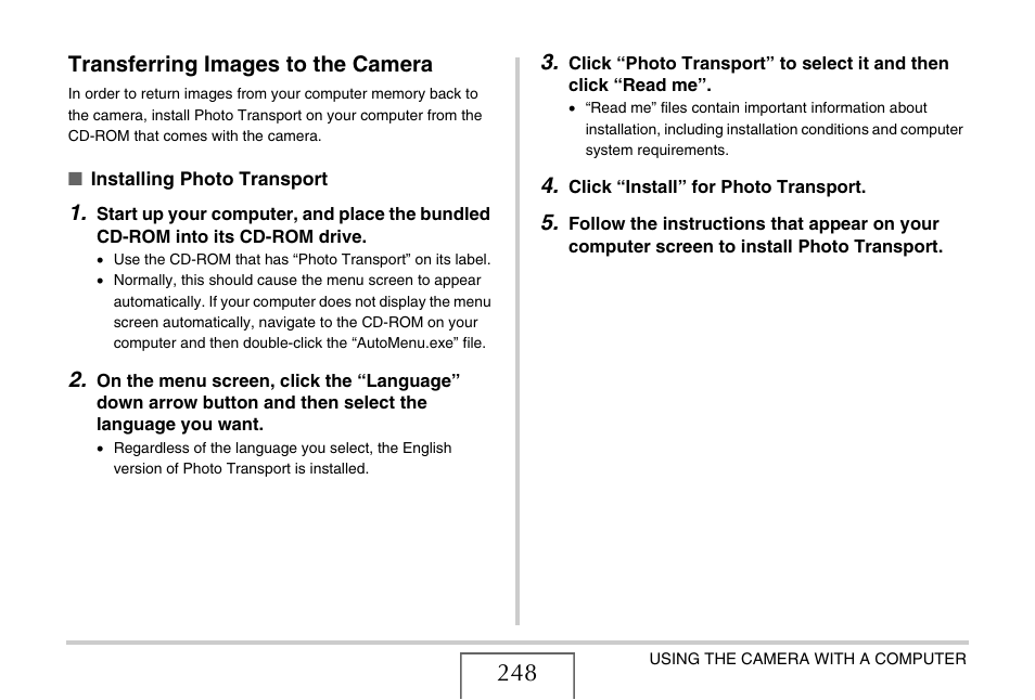 Transferring images to the camera | Casio EX-V8 User Manual | Page 248 / 289
