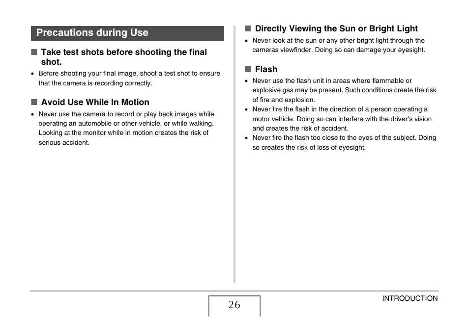 Precautions during use | Casio EX-V8 User Manual | Page 26 / 289