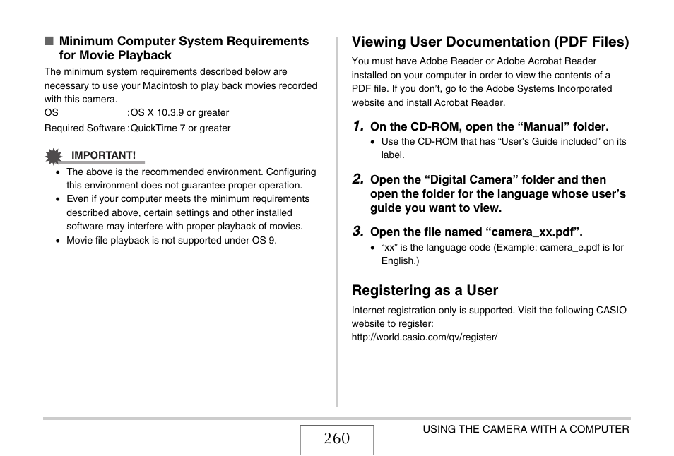 Viewing user documentation (pdf files), Registering as a user | Casio EX-V8 User Manual | Page 260 / 289